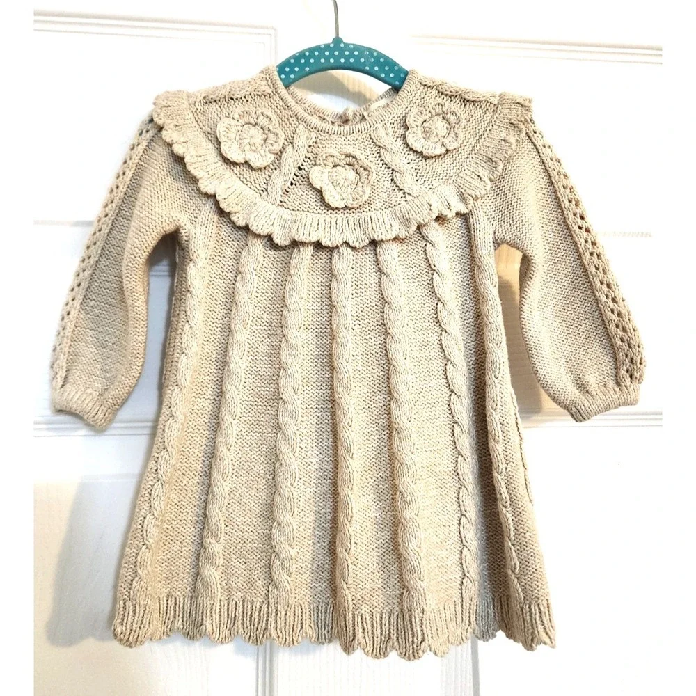 Cynthia Rowley Baby Girl Knit Dress Hat Set 3-6M Taupe Cable Knit NWOT